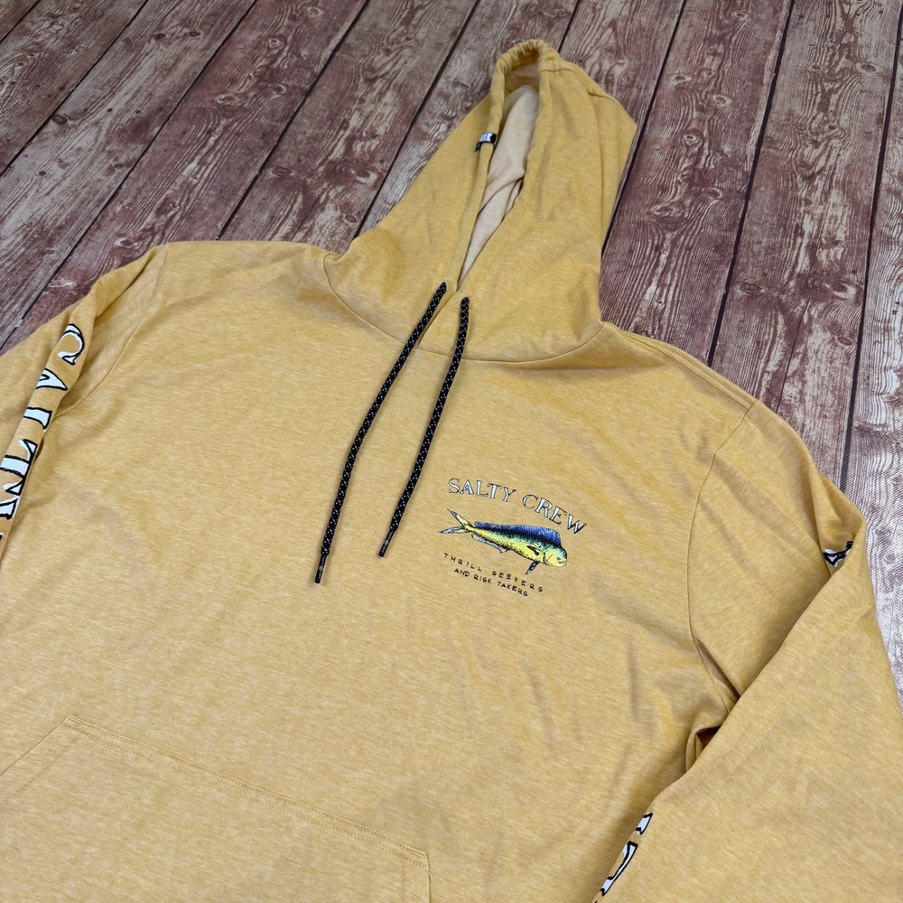 Salty Crew Premium Technical Tee Hoodie Mens Large Yellow Mahi Graphic UPF 40